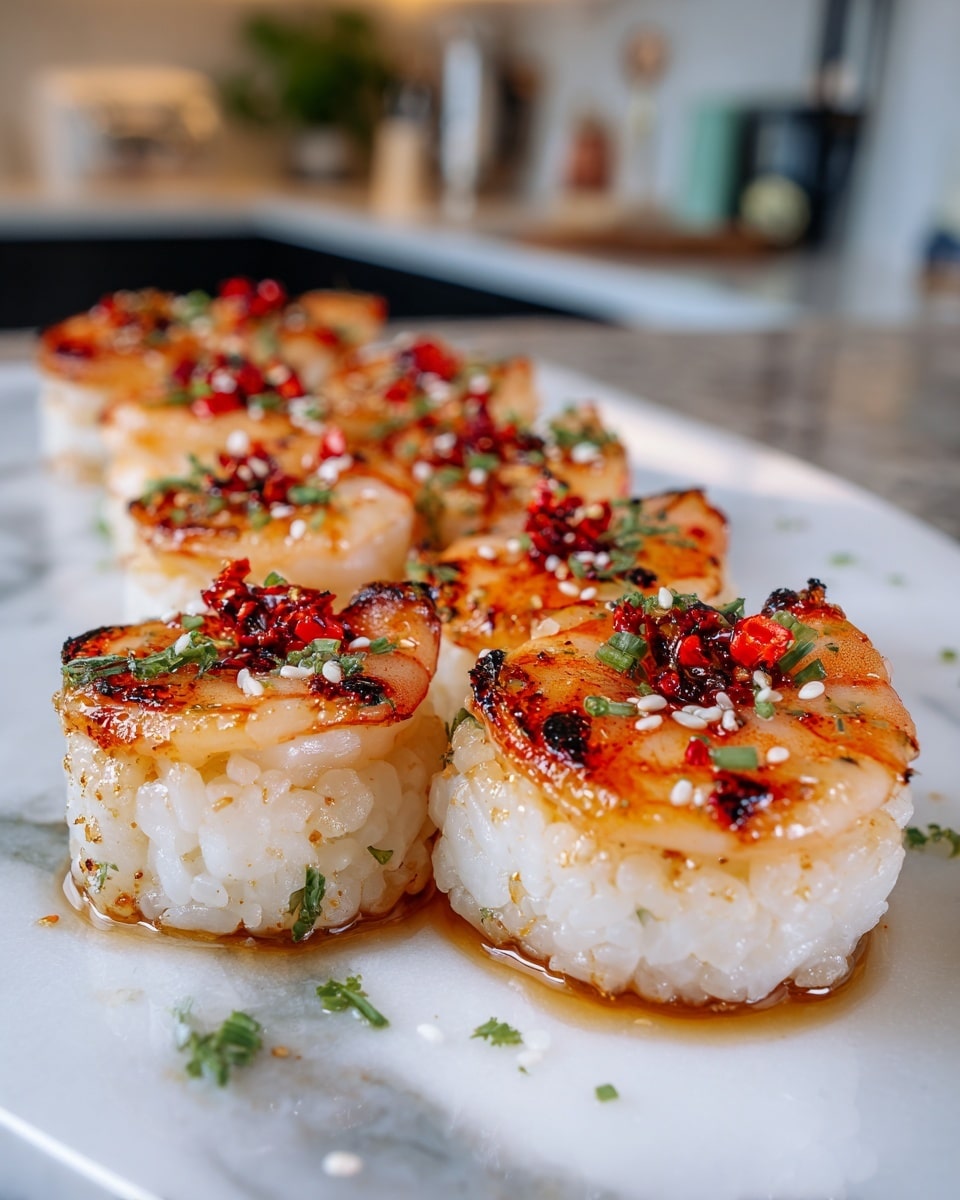 There are eight sushi pieces arranged closely on a white plate with a white marbled texture, placed on a wooden surface. Each sushi piece has two layers: a bottom layer of tightly packed white rice, and a top layer of glazed shrimp with an orange-brown color, garnished with small green herbs, red chili bits, and white sesame seeds. The shrimp appear slightly shiny with a sticky glaze that adds texture. A few pieces of green herb are scattered on the plate around the sushi. The background is softly blurred with neutral indoor kitchen elements. photo taken with an iphone --ar 4:5 --v 7