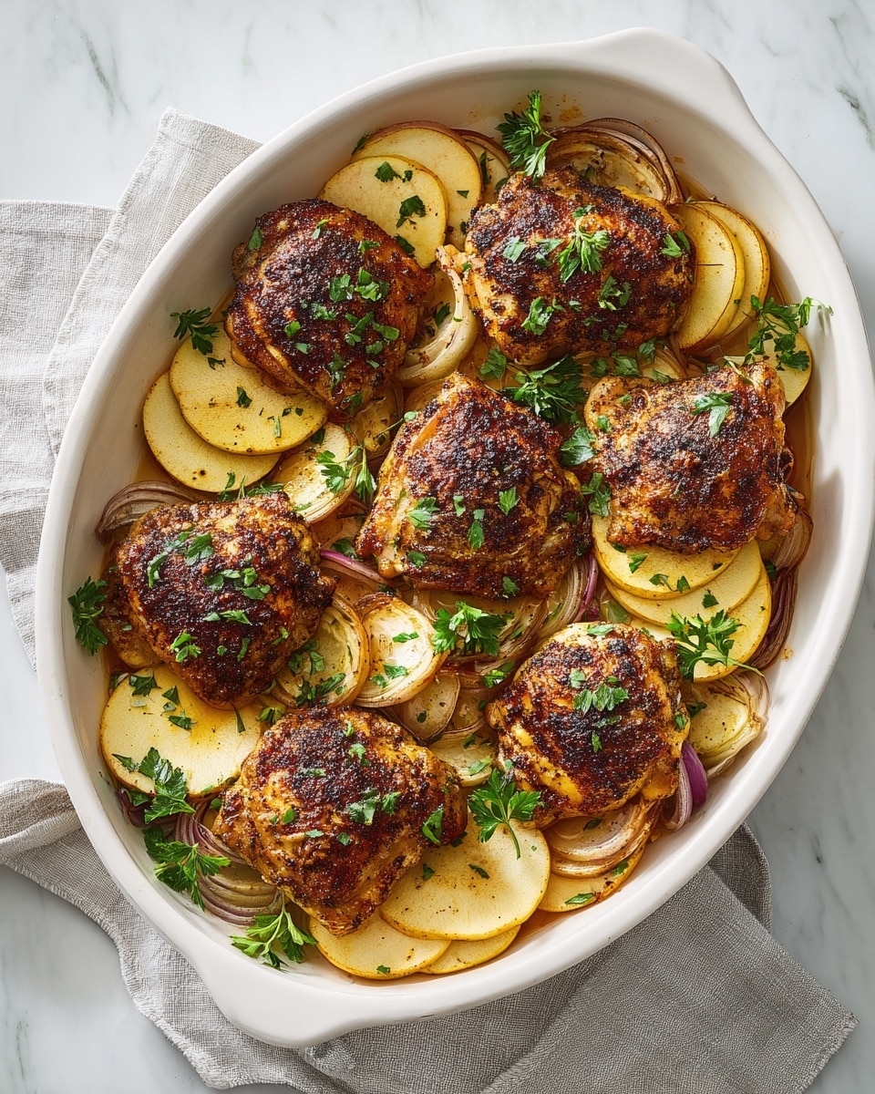 A white oval pot filled with five cooked chicken thighs that have a golden brown, crispy skin with dark spice specks. Between the chicken pieces are layers of thin, soft apple slices with red skin, pale yellow lemon slices, and thick slices of slightly softened purple-red onion. Bright green parsley leaves and small thyme sprigs are scattered on top, adding fresh color. The inside of the pot has a light brown, slightly oily surface, and the background shows a white marbled texture. photo taken with an iphone --ar 4:5 --v 7