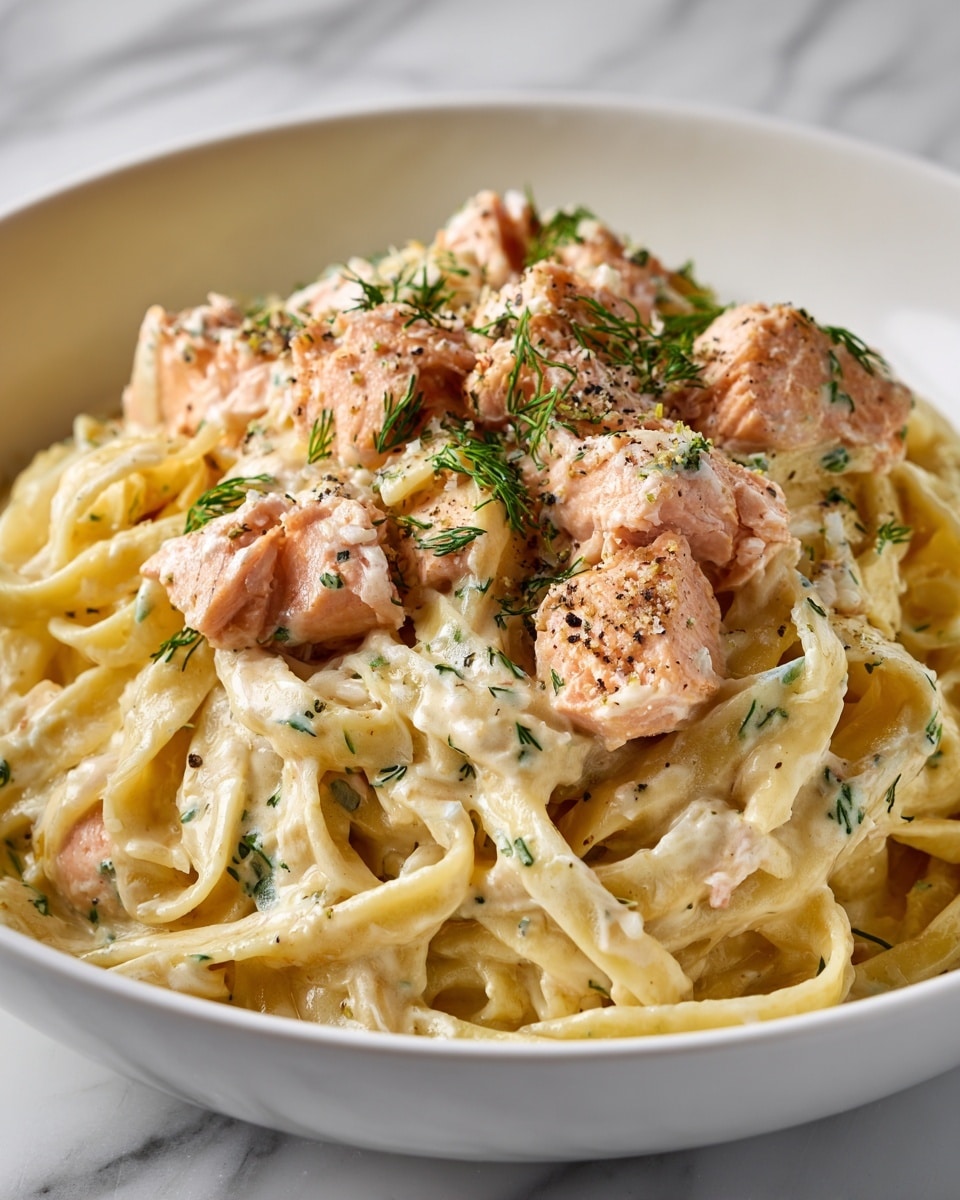 A white bowl filled with creamy fettuccine pasta at the bottom, covered in a smooth light yellow sauce mixed with herbs. On top are several pieces of pink cooked salmon sprinkled with black pepper and fresh green dill. The pasta looks soft and tangled under the creamy sauce, and the salmon pieces have a tender, flaky texture. The whole dish is placed on a white marbled surface. photo taken with an iphone --ar 4:5 --v 7