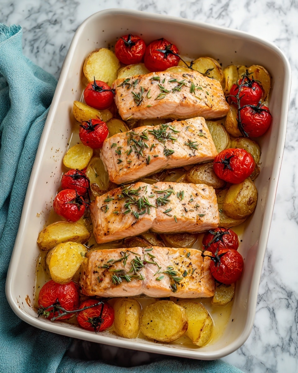 The image shows four pieces of cooked salmon with a light pink color and thin herb sprinkles on top. They are placed in a white rectangular baking dish on a bed of golden roasted potato wedges. Around the salmon and potatoes are small bright red cherry tomatoes still on their green stems, some slightly cooked and shiny. The dish rests on a white marbled surface with a soft blue cloth nearby. The whole scene looks warm and fresh. photo taken with an iphone --ar 4:5 --v 7