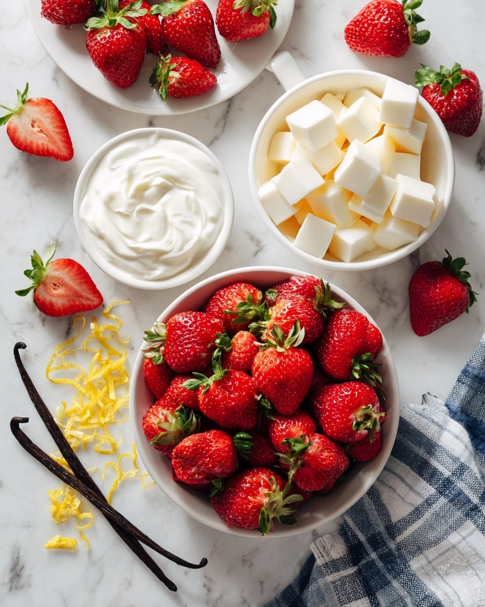 The image shows a white bowl filled with red strawberries in the center, surrounded by a white bowl of cubed white cheese and a small white bowl of white cream or yogurt, all placed on a white marbled surface. There are scattered strawberries around the bowls, some whole and some with green leafy tops, along with a small pile of yellow lemon zest in the bottom left corner. Two vanilla beans lie beside the bowl of cream, and a white plate with a few strawberries is partially visible in the upper left. The whole setup is bright and fresh, with a blue and white checkered cloth on the right side. Photo taken with an iphone --ar 4:5 --v 7