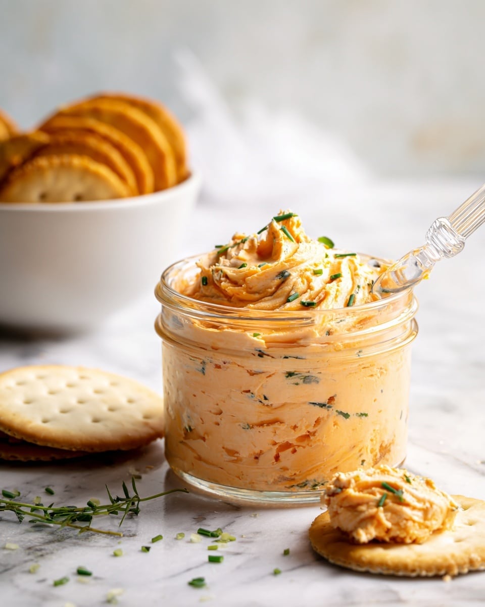 A small clear glass jar filled with two layers of light orange creamy spread mixed with tiny green herb pieces, with a silver knife partially dipped into the spread on the right side of the jar. In the foreground, a round pale cracker is topped with the same spread, resting on a white marbled surface with scattered chopped green herbs around. In the background to the left, a wooden bowl holds several round pale crackers standing up, and a white square plate with tomatoes and greens is blurred further behind. Photo taken with an iphone --ar 4:5 --v 7