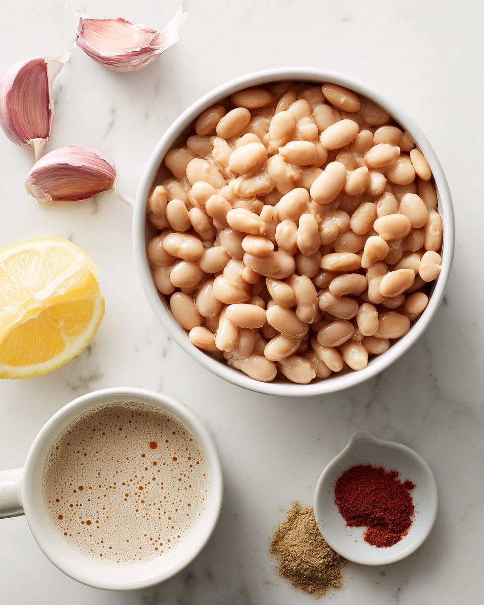 A white bowl filled with pale tan cooked beans takes the center of the image, resting on a white marbled surface. To the left, two cloves of pinkish-purple garlic sit close together, and below them is a small white round dish holding a light beige creamy sauce with small bubbles on the surface. To the bottom left, a halved lemon shows its bright yellow rind and juicy pale yellow interior. Towards the bottom right, a small white dish contains ground spices in two shades: a reddish powder and a light brown powder, arranged side by side. The photo taken with an iphone --ar 4:5 --v 7