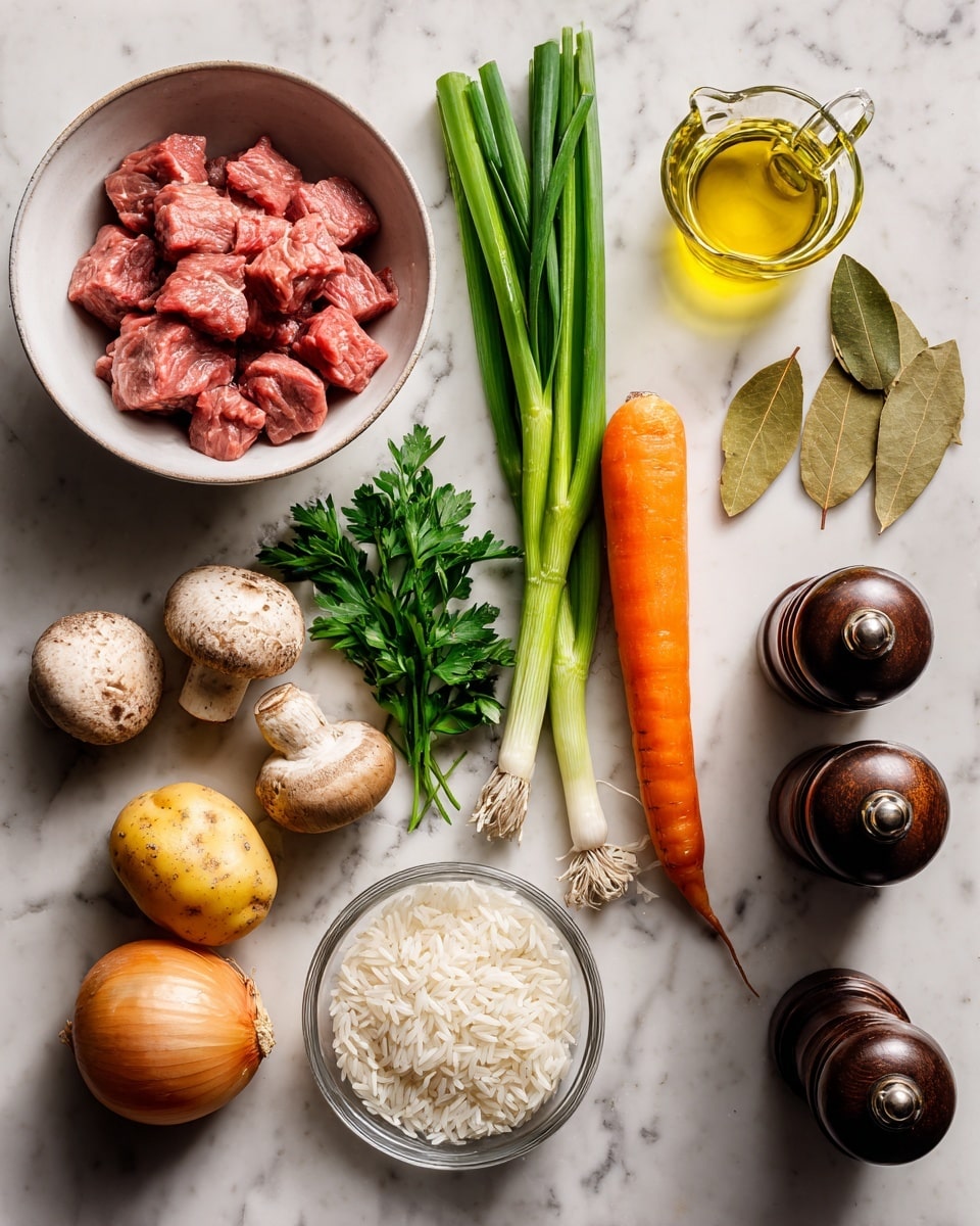 A white marbled surface holds raw ingredients neatly arranged: a clear white bowl filled with small raw meat pieces is on the left, next to a fresh orange carrot. Above the carrot are long bright green spring onions and a bunch of parsley. Below these are dried brown mushrooms, two light brown potatoes, and a yellow onion. On the right side are two dark brown pepper mills and a clear glass bottle filled with light yellow oil. Also present are dried bay leaves and a small clear bowl with white rice grains. photo taken with an iphone --ar 4:5 --v 7
