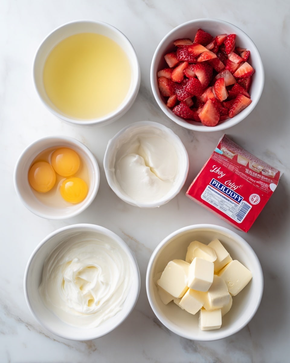 The image shows six white bowls and a box arranged on a white marbled surface. Starting from the top left, there is a small white bowl filled with a light yellow liquid, followed by another white bowl on the top right filled with chopped red strawberries. Below these, on the left side, is a white bowl holding three egg yolks, next to it is a white bowl containing white liquid cream. Below the cream bowl towards the bottom, there is a white bowl with cubes of cream cheese. A red Jello box sits near the bottom left corner, and towards the center-right is a tall box of Pillsbury White frosting, with the brand logo clearly visible. Photo taken with an iphone --ar 4:5 --v 7