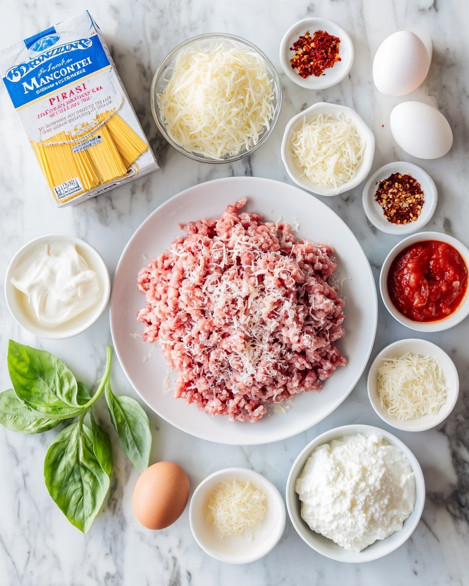 The image shows ingredients for a pasta dish arranged neatly on a white marbled surface. In the top center, there is a white plate with a large layer of raw ground meat that is light pink and speckled with white fat. Around it, there are several small white bowls and containers holding different ingredients: shredded white cheese, a bright red tomato sauce, small red chili flakes, grated parmesan, a raw brown egg, a mound of white ricotta cheese, and a bowl with smooth white cream or ricotta. To the left, a blue and yellow pasta box labeled Ronzoni manicotti sits flat. Fresh green basil leaves add a pop of color at the bottom left. The whole layout looks clean, bright, and organized, with each element clearly visible on the white marbled surface. Photo taken with an iphone --ar 4:5 --v 7