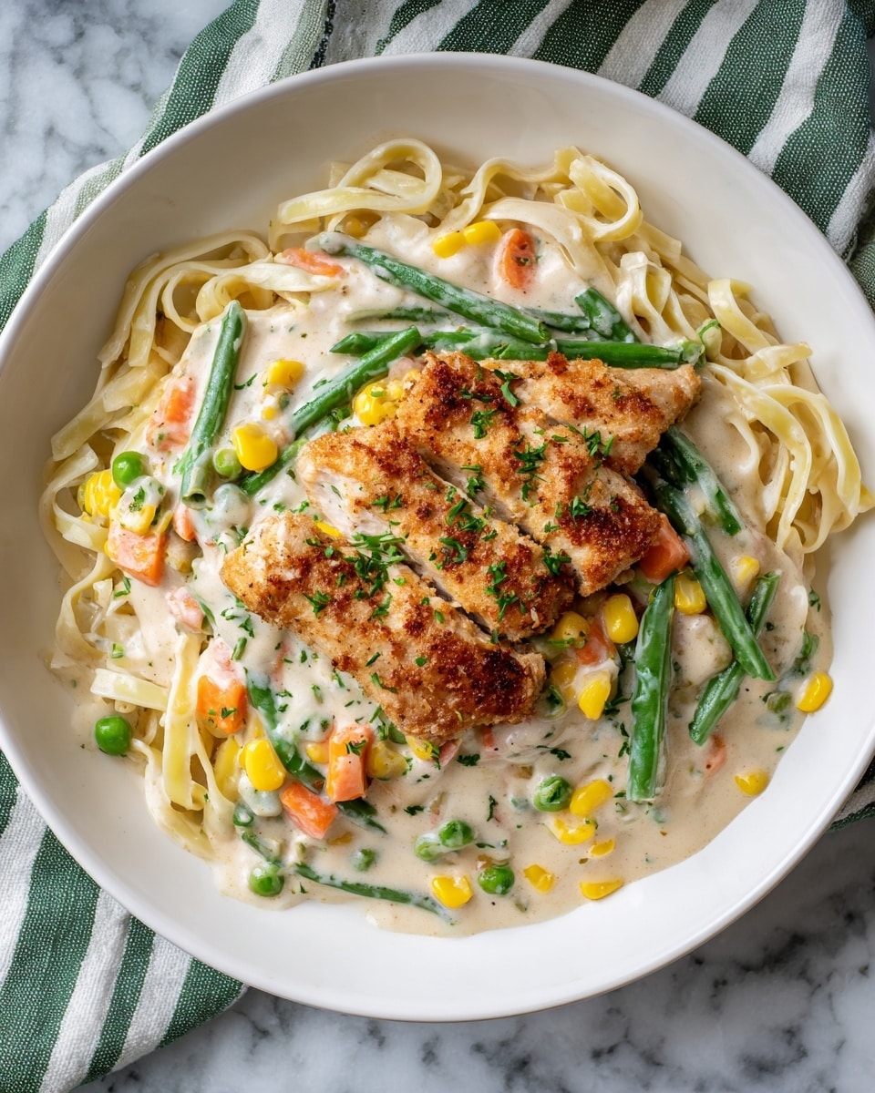A white plate filled with creamy pasta mixed with green beans, peas, orange carrot cubes, and yellow corn kernels, all coated in a thick white sauce. On top, there are crispy golden brown pieces of cooked chicken scattered across the dish. The dish is garnished lightly with small green herbs. The plate is placed on a white marbled surface next to a green and white checkered cloth. Photo taken with an iphone --ar 4:5 --v 7
