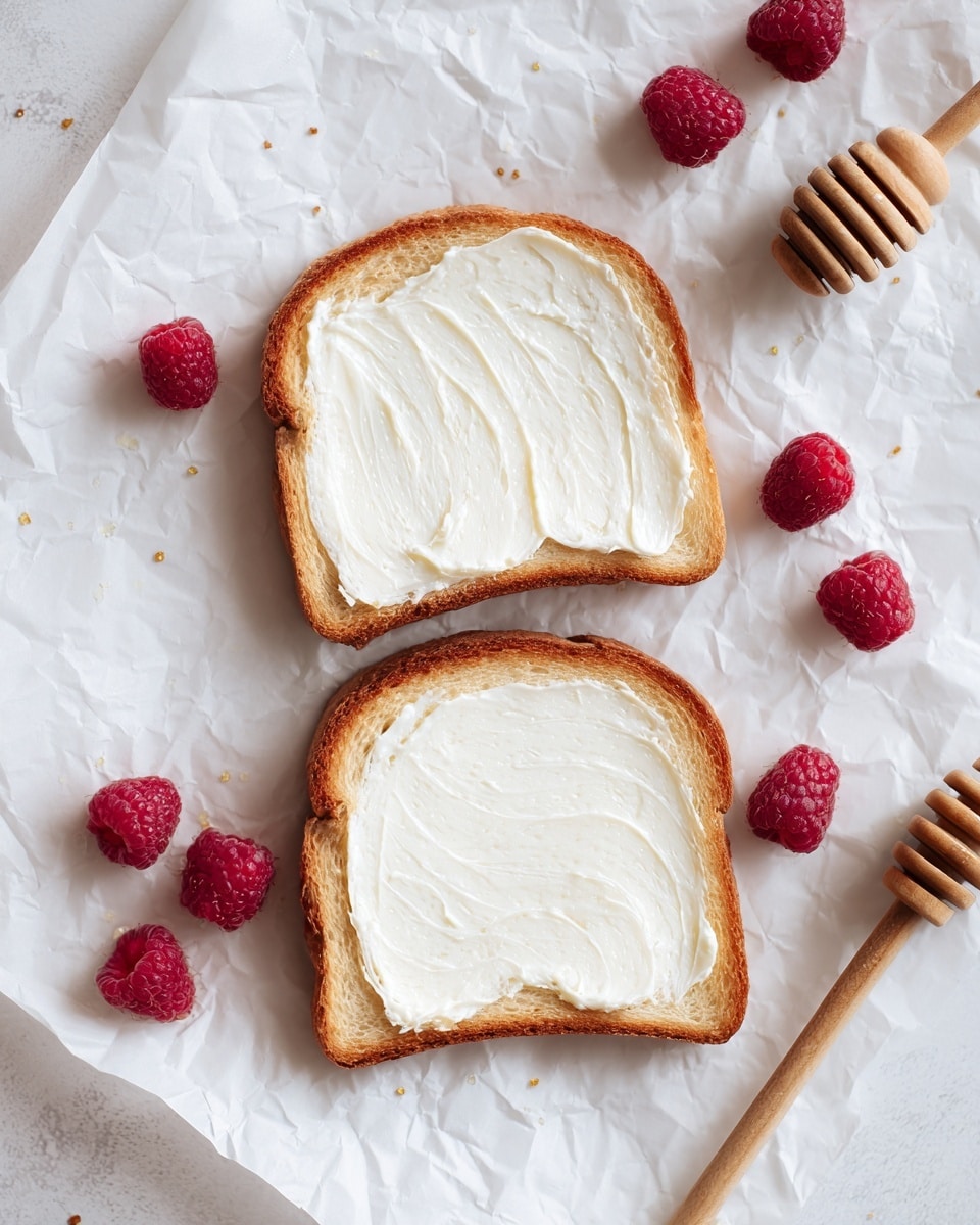 Two slices of toasted bread are placed side by side on a wrinkled white paper. Each slice has one thick, smooth layer of white spread evenly covering the entire top surface. Around the toast, on a white marbled texture, there are several scattered red raspberries to the right, a wooden honey dipper at the bottom, and a wooden citrus reamer at the top. The scene has soft, natural lighting and a clean, simple look. Photo taken with an iphone --ar 4:5 --v 7