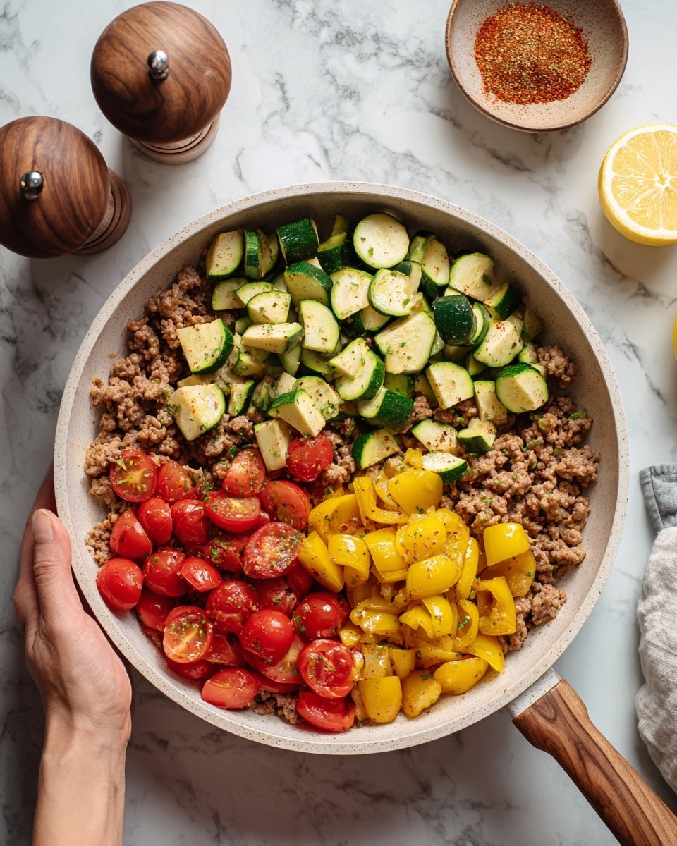 The image shows a white pan filled with cooked ground meat as the bottom layer, topped with chunky pieces of yellow bell peppers and halves of red cherry tomatoes scattered evenly. Sliced green zucchini pieces are also spread on top, with a sprinkle of coarse seasoning or herbs over the whole dish. Around the pan are lemon wedges, small bowls of spices, and some cut vegetables on a white marbled surface. A woman's hand holds the pan from the left side. Photo taken with an iphone --ar 4:5 --v 7