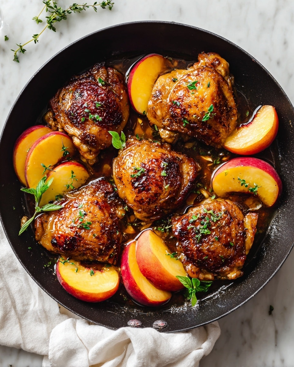 The image shows a black skillet filled with four golden-brown cooked chicken pieces that have a slightly shiny glaze. Around the chicken, there are bright yellow and orange peach slices, some cut in halves and some in smaller pieces. The chicken is sprinkled with small green herb leaves, adding a fresh touch. The skillet sits on a white marbled surface with a white cloth partially visible on the left side. photo taken with an iphone --ar 4:5 --v 7