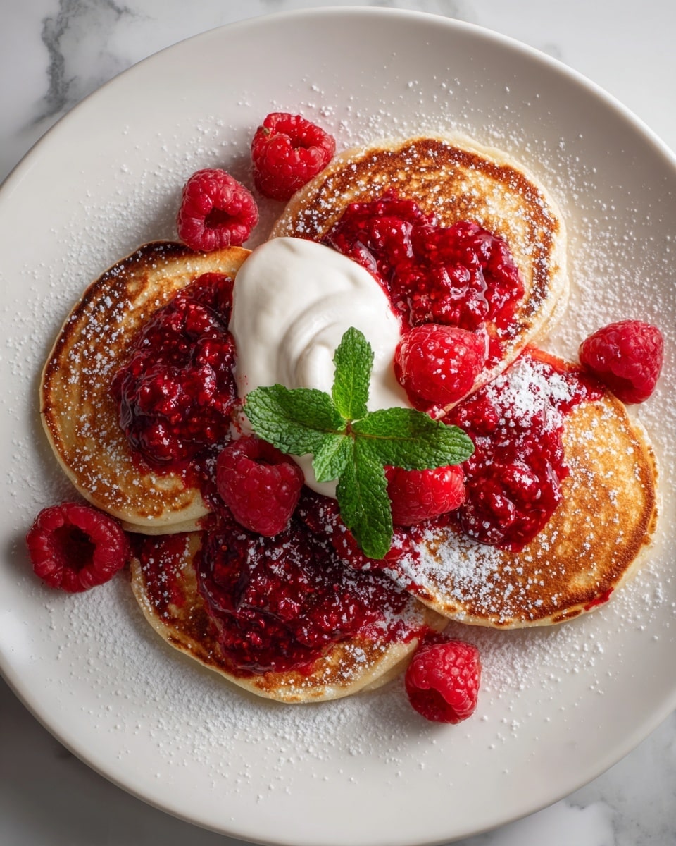 A white round plate holds five golden brown pancakes arranged in a circular pattern, each pancake showing a slightly crispy texture with uneven browning spots. On top of the pancakes, there is a dollop of smooth white cream partially covering one pancake. Next to the cream, a small pile of fresh, bright red raspberries sits, with one raspberry placed at the bottom right of the plate. Around the raspberries and cream, there are a few green mint leaves for garnish. The entire dish is lightly dusted with white powdered sugar, some of which also falls on the white marbled texture surface under the plate. photo taken with an iphone --ar 4:5 --v 7
