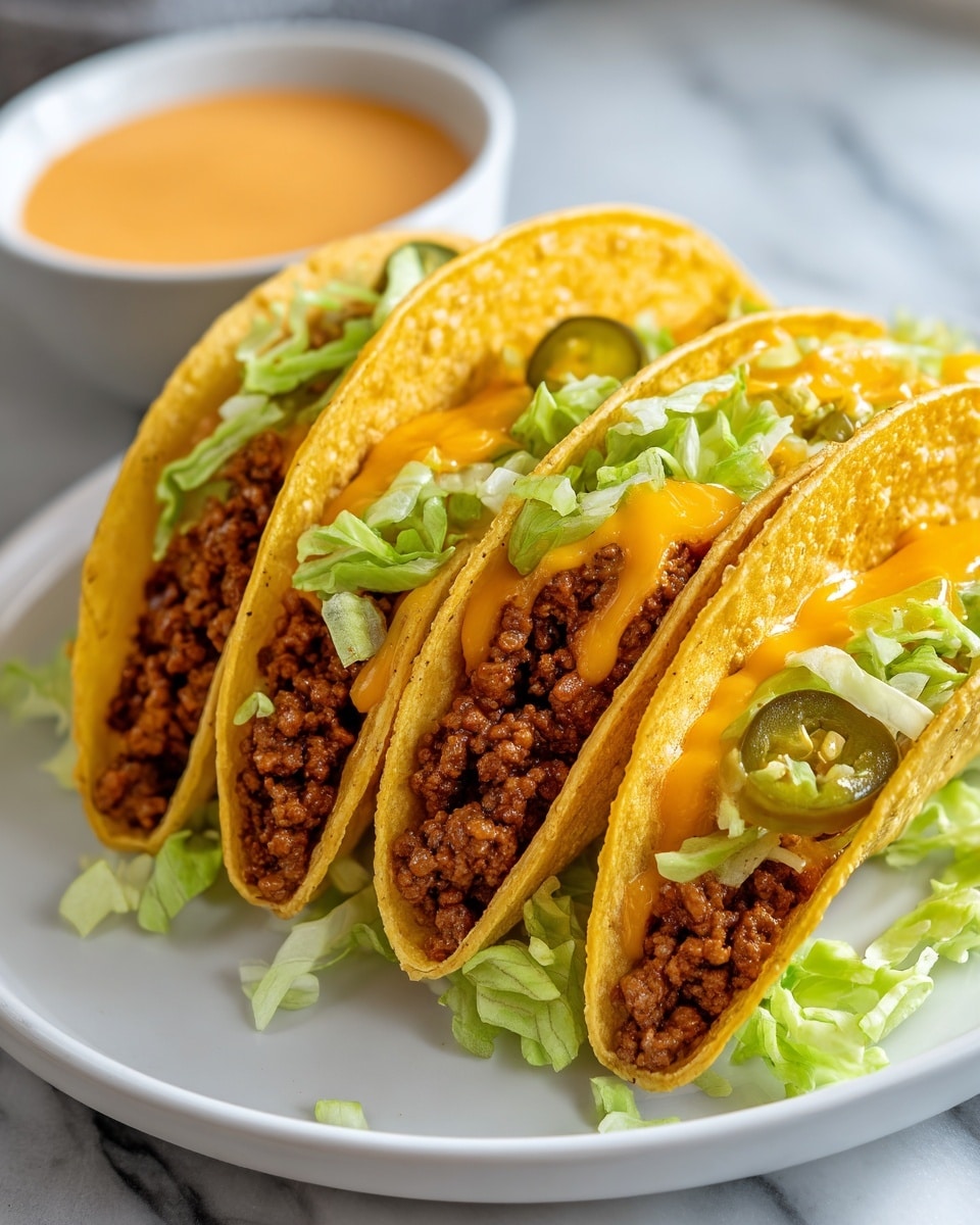 The image shows a white plate with three folded soft tortillas stacked slightly on top of each other. Each tortilla is filled with layers of cooked ground beef, melted orange cheese, and green sliced pickles. The tortillas have a light golden brown texture and are placed on a bed of shredded pale green lettuce. In the background, there is a blurred small bowl with an orange creamy sauce. The scene is set on a white marbled surface. The photo taken with an iphone --ar 4:5 --v 7