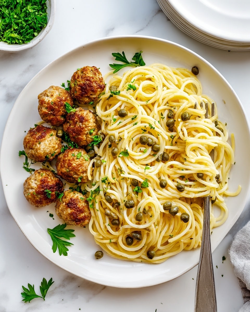 A white plate holds a serving of spaghetti pasta with a golden-yellow color, arranged loosely in a circular shape covering half of the plate. On the other half, there are several round, brown, cooked meatballs grouped together, some with a crispy outside texture. A light greenish sauce with capers is spread beneath the meatballs, slightly seeping onto the pasta. Small green parsley leaves are sprinkled over the pasta and meatballs. A silver fork rests on the right side of the plate with spaghetti strands wrapped around its prongs. The scene is set on a white marbled surface with a small bowl of chopped parsley visible in the background. Photo taken with an iphone --ar 4:5 --v 7