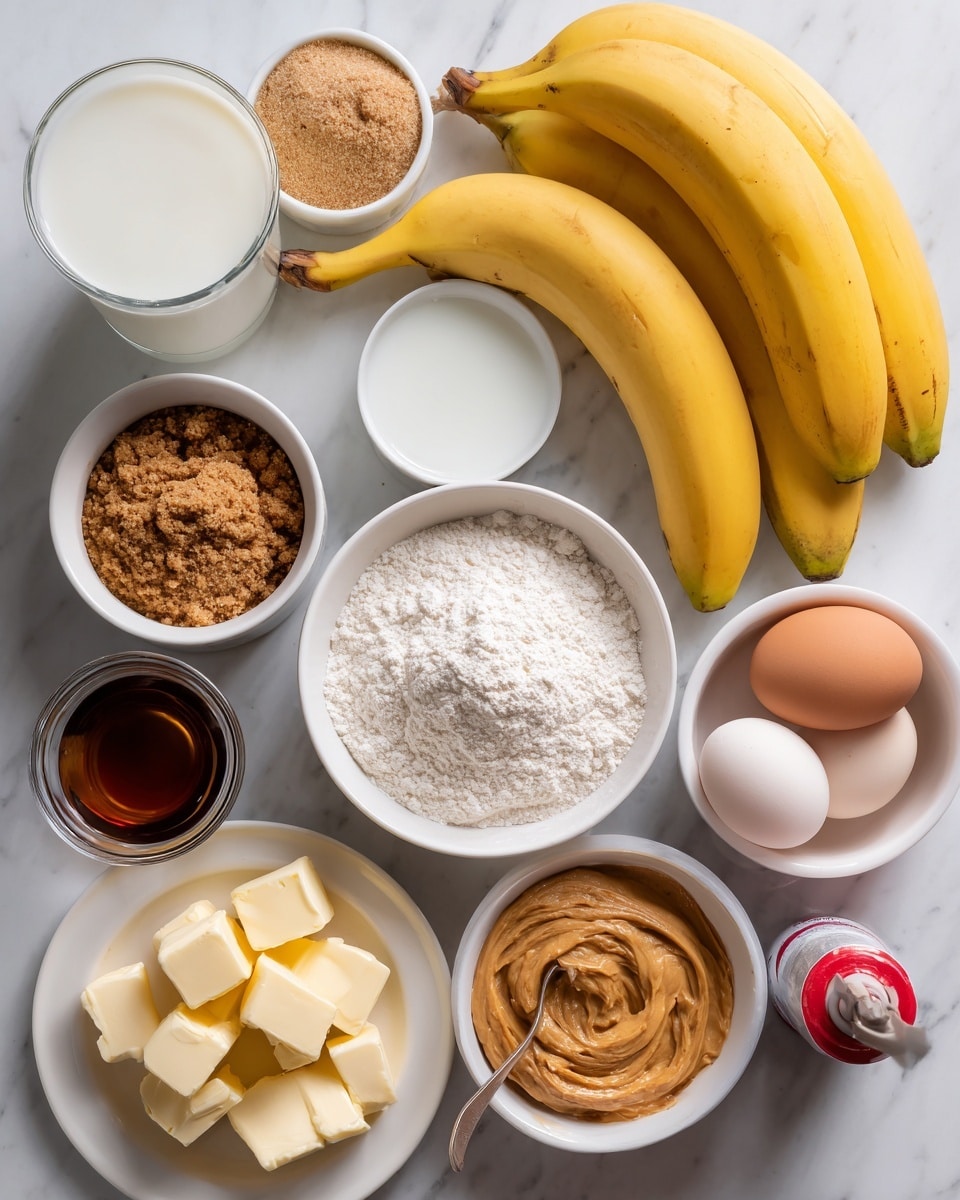 A white marble surface holds all ingredients neatly arranged, including three ripe yellow bananas placed in the center. Surrounding them are small white bowls filled with various ingredients: brown sugar with a crumbly texture, white flour that looks soft and powdery, two beige-colored eggs, and a glass of white milk. There is also a small glass container with a dark brown liquid, likely vanilla extract, and a round bowl containing smooth, light brown peanut butter. A white plate with several cubes of pale butter sits to the side, along with a red and white can of cooking spray. A woman's hand is holding a silver spoon with a golden liquid, possibly oil, adding a subtle shine to the composition. Photo taken with an iphone --ar 4:5 --v 7
