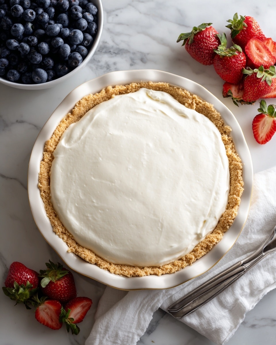 A white pie crust filled with a smooth layer of white cream spread evenly on top, placed inside a white bowl with a golden rim. Nearby, a white bowl filled with dark blue blueberries sits on a white marbled surface, along with fresh red strawberries that are sliced and whole, arranged casually. A pair of metal tongs rests on the marbled surface close to the strawberries. photo taken with an iphone --ar 4:5 --v 7