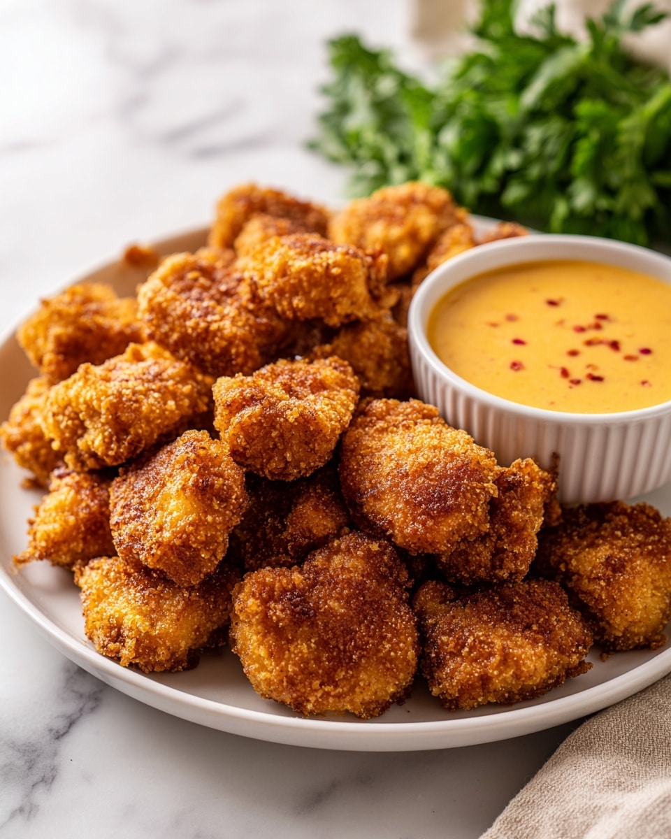 A white round plate holds a pile of small, golden-brown crispy fried nuggets with a crunchy texture. Next to the nuggets, on the right side of the plate, there is a small white round bowl filled with thick, smooth yellow dipping sauce. A sprig of fresh green parsley is placed near the bowl on a white marbled surface. A soft, light gray striped cloth is partially visible to the left of the plate. Photo taken with an iphone --ar 4:5 --v 7