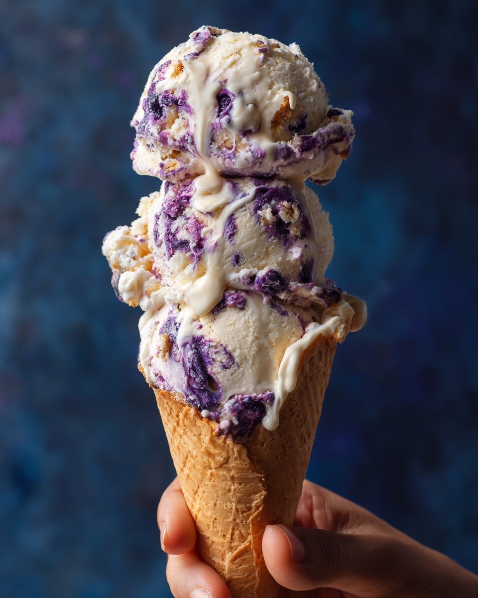 A close-up of a single ice cream cone held by a woman's hand with a natural skin tone, featuring two scoops of creamy white ice cream with swirls of purple mixed in, some of which is melting and dripping down the cone. The cone is a light brown waffle cone with a textured pattern. The background is a dark blurred color, making the ice cream and cone stand out. Photo taken with an iphone --ar 4:5 --v 7