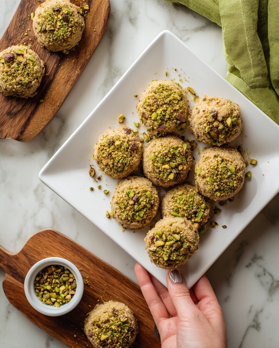 The image shows ten small round cookies with a rough texture, topped with crushed green pistachios, placed on a white square plate. Two wooden serving boards with extra crushed pistachios in a small white bowl are beside the plate. The cookies have a light brown color, and the green pistachios add a bright contrast on top. A woman's hand is holding one cookie over the plate. The background is a white marbled surface with a green cloth in the upper right corner. photo taken with an iphone --ar 4:5 --v 7