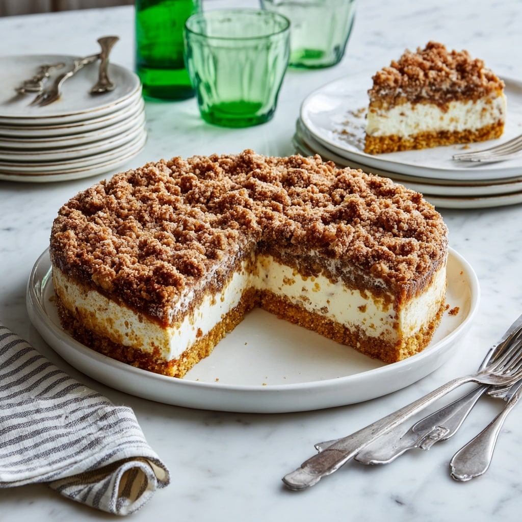 A round cheesecake with three layers sits on a large white plate placed on a white marbled surface. The bottom layer is a thin, crunchy-looking golden-brown crust, topped by a thick, smooth, creamy off-white middle layer with some small light brown bits inside. The top layer is crumbly, made of golden and brown chunks spread unevenly across the entire surface, giving a rough texture. A slice is missing from the cheesecake, showing the clear contrast between the three layers and some crumbs scattered on the plate. In the background are stacked white plates with silver forks, a glass bottle with green tint, and empty clear glasses with subtle green shades. Photo taken with an iphone --ar 4:5 --v 7