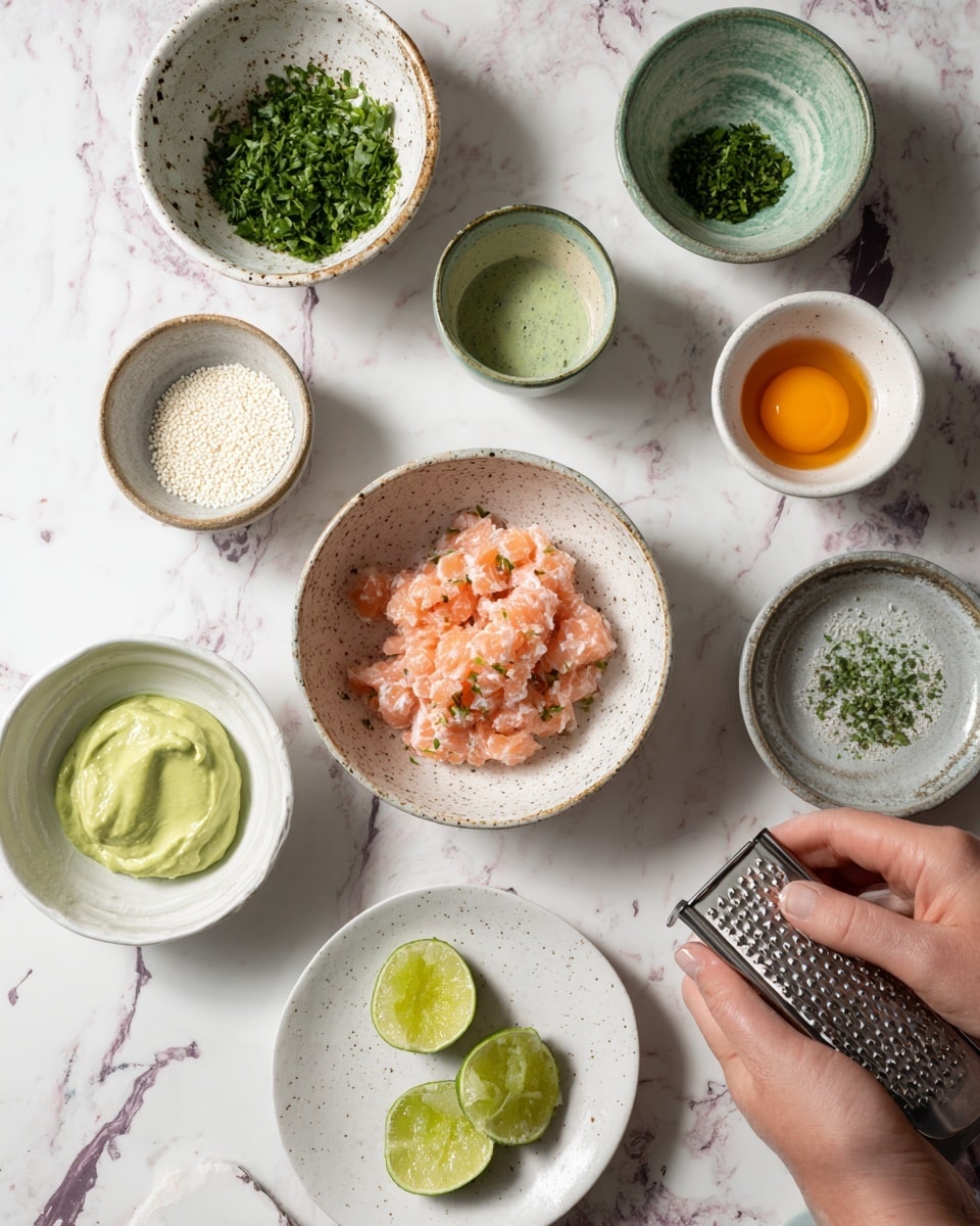 The image shows nine small white bowls arranged on a white marbled surface. In the middle, there is a bowl filled with small diced orange pieces that look like raw fish. Surrounding it, starting from top left, there are chopped green herbs in a bowl, white sesame seeds in another, and bright green avocado mash. On the bottom left, there is a white plate with three thin slices of lime and a small metal grater. Next to that is another bowl with fresh green chopped herbs and a bowl with an egg yolk in clear liquid. The last bowl contains thick white cream or yogurt. The colors are fresh and bright with soft natural light. photo taken with an iphone --ar 4:5 --v 7