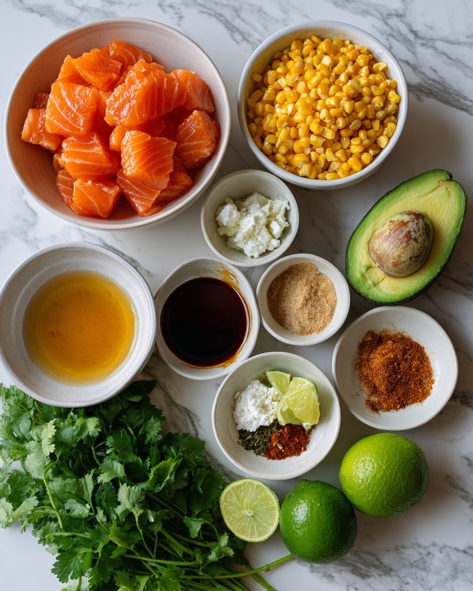The image shows a white bowl filled with bright orange chunks of raw salmon on the top left and a white bowl on the top right filled with yellow corn kernels. Below these, there are smaller white bowls arranged with light golden honey or syrup, a mix of spices in light brown and beige, a dark red-brown sauce, and soft white crumbled cheese. An avocado with dark green skin sits to the right near fresh green cilantro leaves, and a lime with dark green skin is near a green cucumber. All items are placed on a white marbled surface. photo taken with an iphone --ar 4:5 --v 7