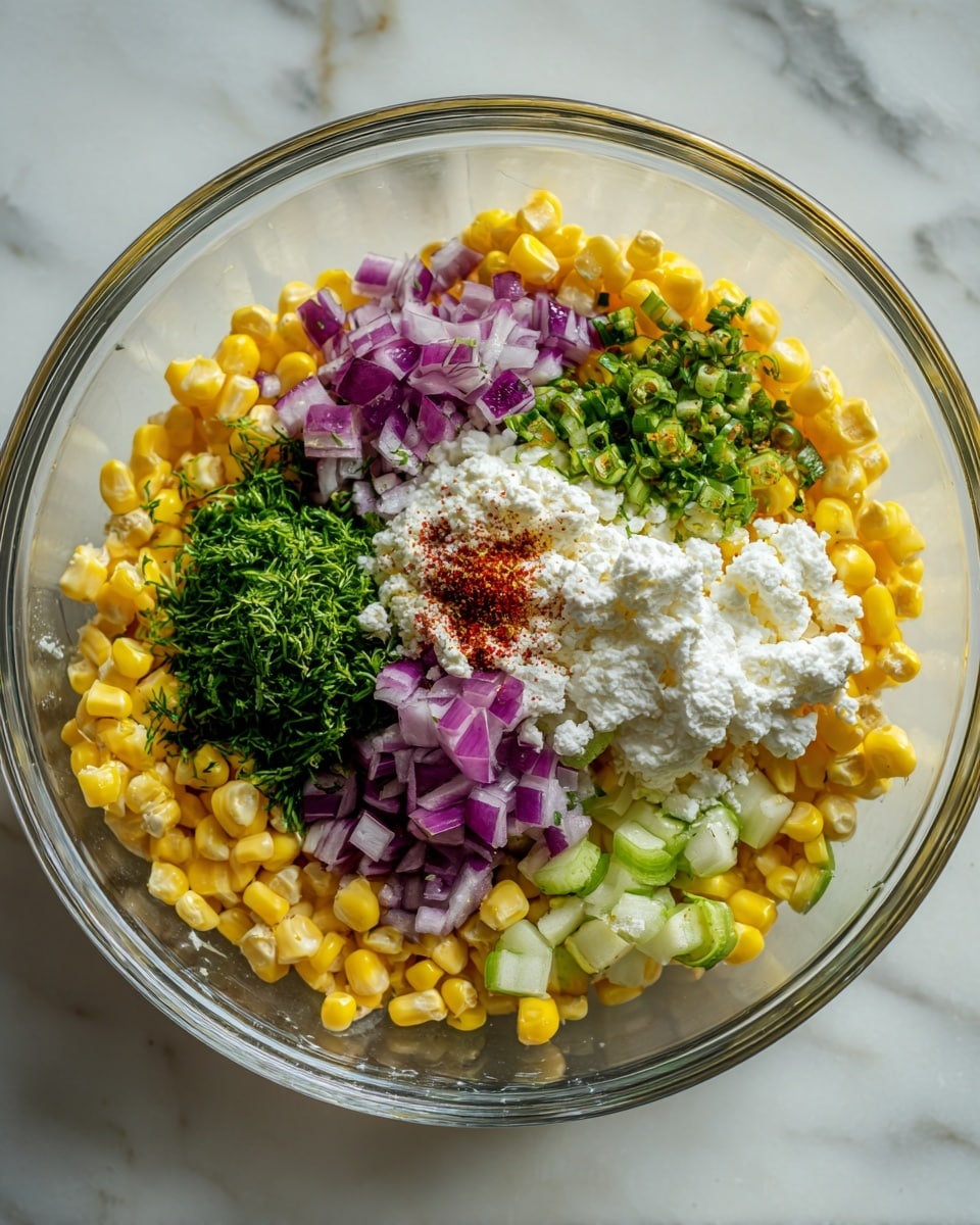 The image shows a transparent glass bowl on a white marbled surface, filled with bright yellow corn kernels forming the base layer. In the center, there are separate piles of finely chopped purple onion, green chopped herbs, and a dollop of white cream, balanced around a small mound of white crumbly cheese. A pinch of red powder spice is placed near the onion and herbs, and a few slices of light green vegetables rest next to the bowl. The overall composition is colorful and fresh, with each ingredient clearly visible and layered separately. Photo taken with an iphone --ar 4:5 --v 7