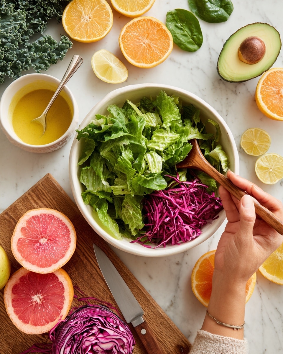 The image shows a white bowl filled with fresh green lettuce leaves, with a wooden spoon resting on the side inside the bowl. Nearby on a white marbled surface, there is a wooden cutting board with three layers: the top has two halved grapefruits showing bright pink flesh, the middle has a layer of shredded dark red cabbage, and the bottom holds a knife with a wooden handle. Around the cutting board are various fresh ingredients including a halved avocado, a mustard-yellow sauce in a white bowl with a spoon, leafy green kale, and several citrus slices like orange and lemon. A woman's hand is gently holding a green leaf above the salad bowl. Photo taken with an iphone --ar 4:5 --v 7