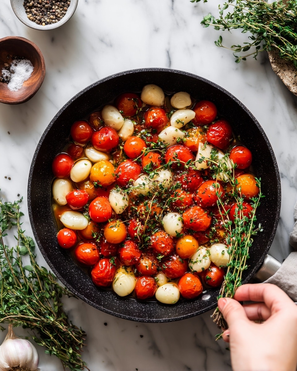 The image shows a black skillet filled with many small red and orange cherry tomatoes scattered on the bottom layer, mixed with several peeled white garlic cloves and fresh green thyme sprigs on top. The skillet sits on a white marbled surface, and a woman’s hand is gently holding a thyme sprig on the right side. Above the skillet, there are small bowls with black pepper and fresh herbs visible, adding texture to the background. The colors are warm with rich reds, oranges, fresh greens, and white, creating a fresh and natural feel. photo taken with an iphone --ar 4:5 --v 7