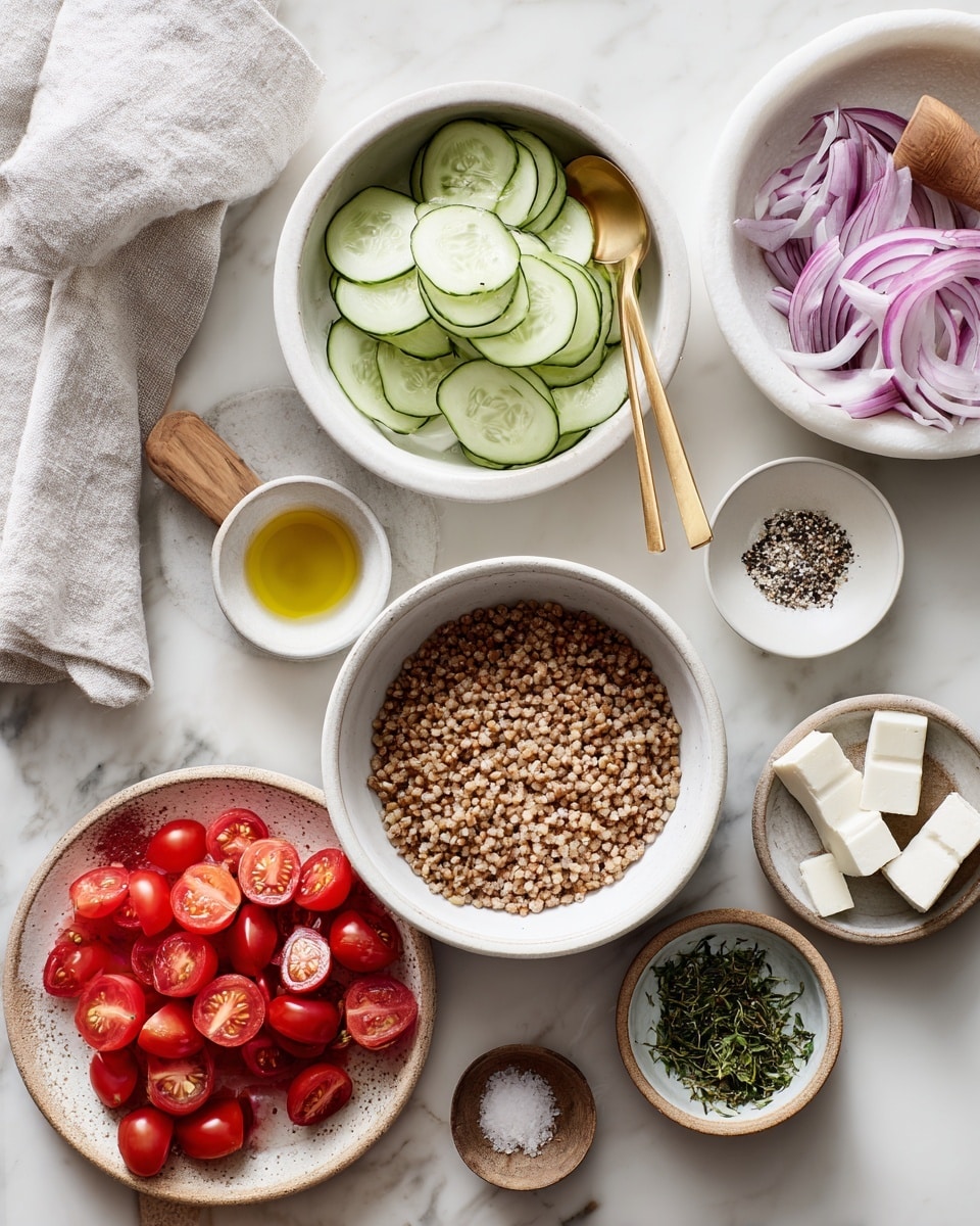 A top view of several small bowls and plates arranged neatly on a white marbled surface, each holding fresh ingredients: a white bowl near the center filled with thin, pale green cucumber slices; to the right, a small bowl with chopped purple onions and a wooden spoon resting on top; above that, a tiny bowl with golden olive oil, and next to it, another small bowl with white salt and black pepper; below the cucumber bowl, a larger bowl filled with light brown buckwheat with a golden spoon inside; to the lower left, a white plate loaded with halved red cherry tomatoes; to the bottom center-left, a small bowl of cubed white cheese; and to the bottom right, a small bowl of chopped green herbs with a wooden spoon. A soft white cloth is tucked under some bowls, photo taken with an iphone --ar 4:5 --v 7