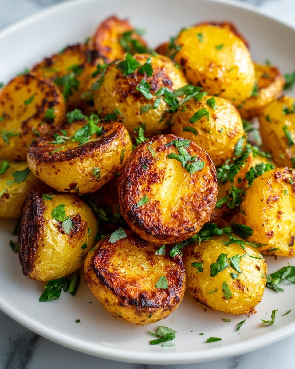 The image shows a close-up of many roasted potato halves piled on a white plate. Each potato half has a golden-brown top layer with some parts darker and crispier, showing a slightly rough texture. The potato skins on the sides are brown and slightly wrinkled. Scattered green herb pieces are sprinkled on top, adding a fresh touch. The plate rests on a white marbled surface. photo taken with an iphone --ar 4:5 --v 7