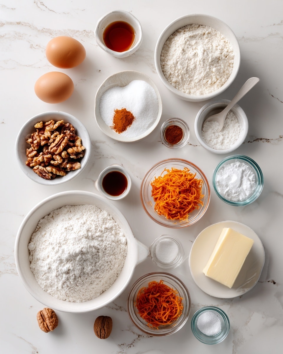 The image shows many white bowls of different sizes placed on a white marbled surface, each filled with baking ingredients. There are three eggs, a small bowl of brown nuts, a bowl with powdered white sugar, a larger bowl with white flour, a small bowl with cinnamon, a glass bowl with orange shredded carrots, a dish with a stick of butter, small dishes with vanilla extract and water, and small glass containers with salt and baking powder. The scene is bright and clean, arranged neatly from top to bottom and left to right. Photo taken with an iphone --ar 4:5 --v 7