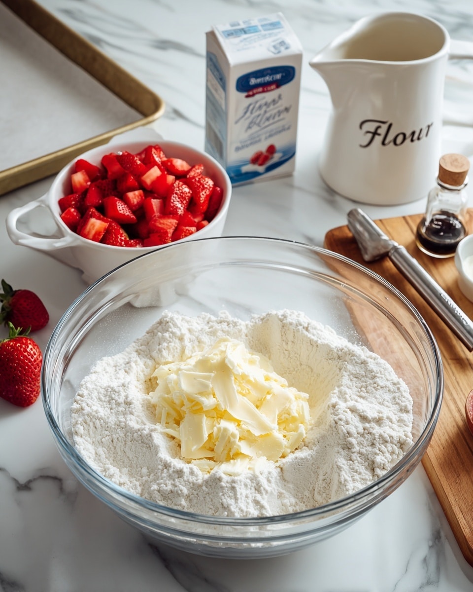 A clear glass bowl containing two main layers sits on a white marbled surface. The bottom layer is white flour, and on top of it are small shreds of pale yellow butter spread mainly in the center. Next to the bowl, a white measuring cup filled with bright red chopped strawberries rests with a metal handle pointing right. Behind this is a small carton of white whipping cream with blue detailing, and nearby is a small dark bottle, likely vanilla extract. To the right side, a white ceramic container with the word