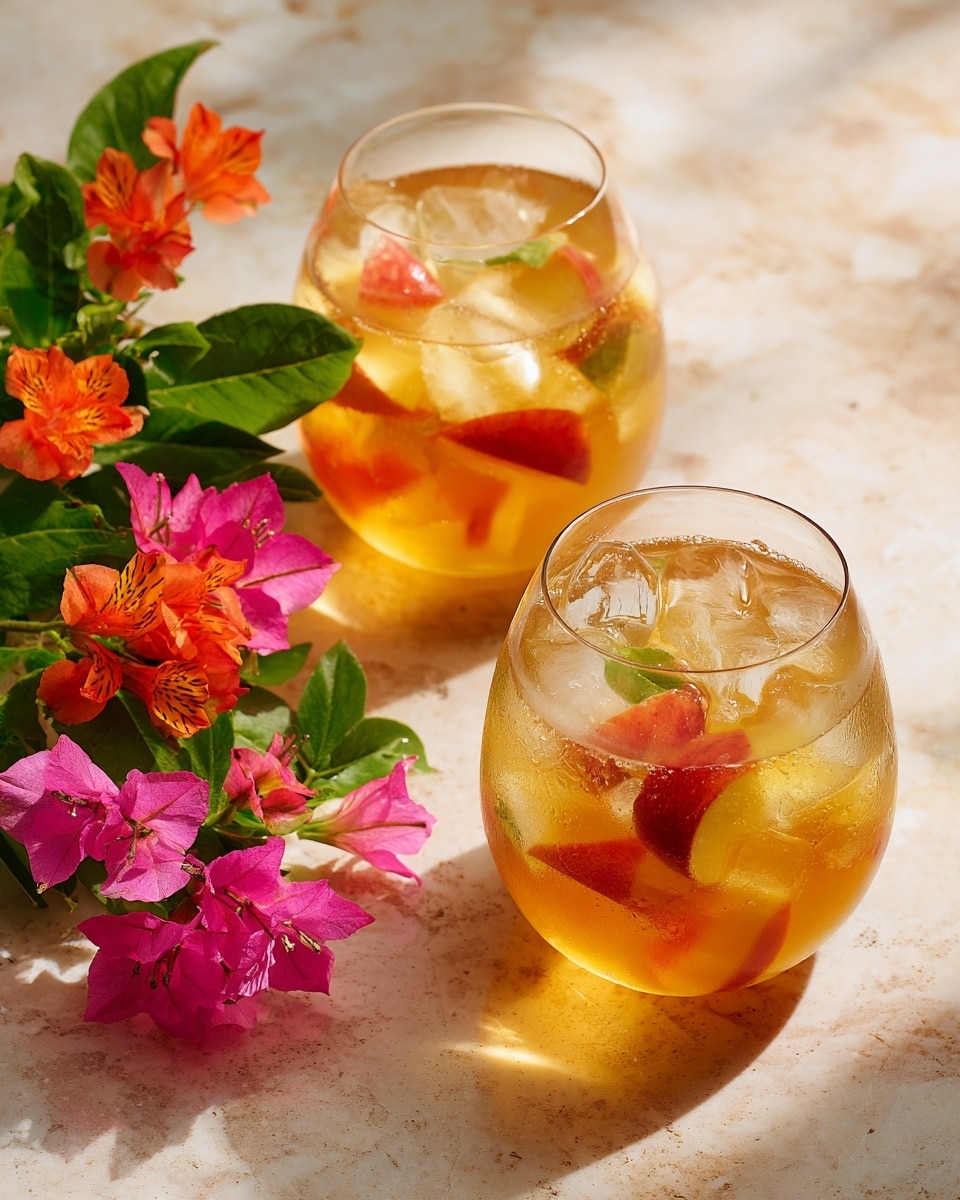 Two round glasses filled with a light amber drink, each containing several ice cubes and thick peach slices floating inside. The drink layers show the peach slices resting near the bottom and sides, with clear ice cubes on top. The glasses are placed on a white marbled surface. Next to the glasses, there is a small bunch of green leaves and orange and pink flower petals scattered around, adding natural, colorful detail. Photo taken with an iphone --ar 4:5 --v 7