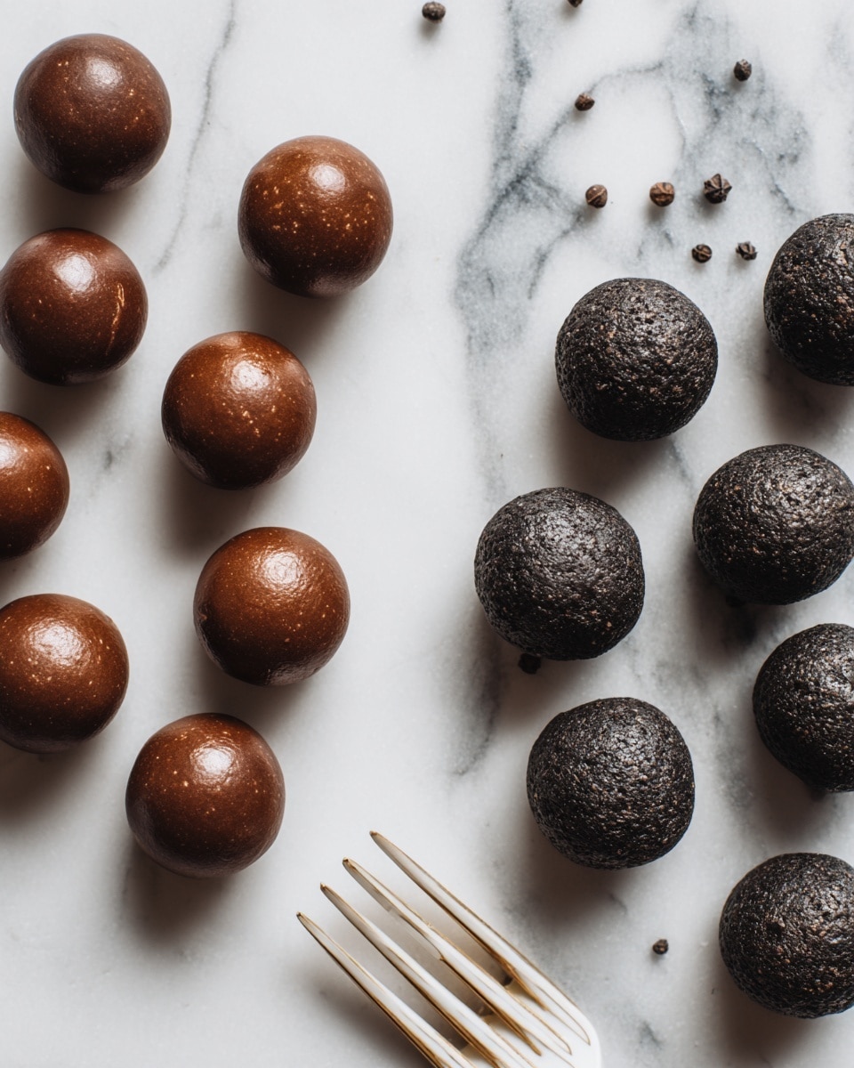 The image shows two groups of small round balls arranged on a white marbled surface. On the left side, there are nine balls that are covered in smooth, shiny chocolate with a rich brown color, looking slightly glossy. On the right side, there are five balls that are dark black with a matte, rough texture. Near the bottom center, a white fork with light brown stripes lies diagonally on the surface. No other objects or decorations are visible. The photo taken with an iphone --ar 4:5 --v 7