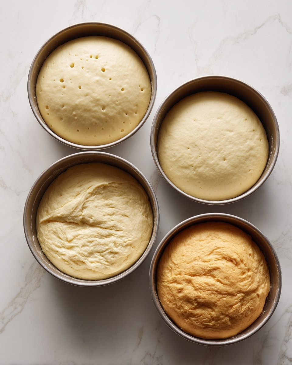 The image shows four round metal bowls filled with dough in different stages. Each bowl sits on a white marbled surface. The top left bowl contains dough that looks smooth and slightly risen with a few small holes on the surface. The top right bowl has dough that is evenly rounded and smooth, showing a soft texture. The bottom left bowl holds dough that looks rough and folded with some cracks and folds visible. The bottom right bowl has dough similar to the top left but a bit more uneven and thicker. Light is soft and natural, and the scene looks clean and simple. Photo taken with an iphone --ar 4:5 --v 7