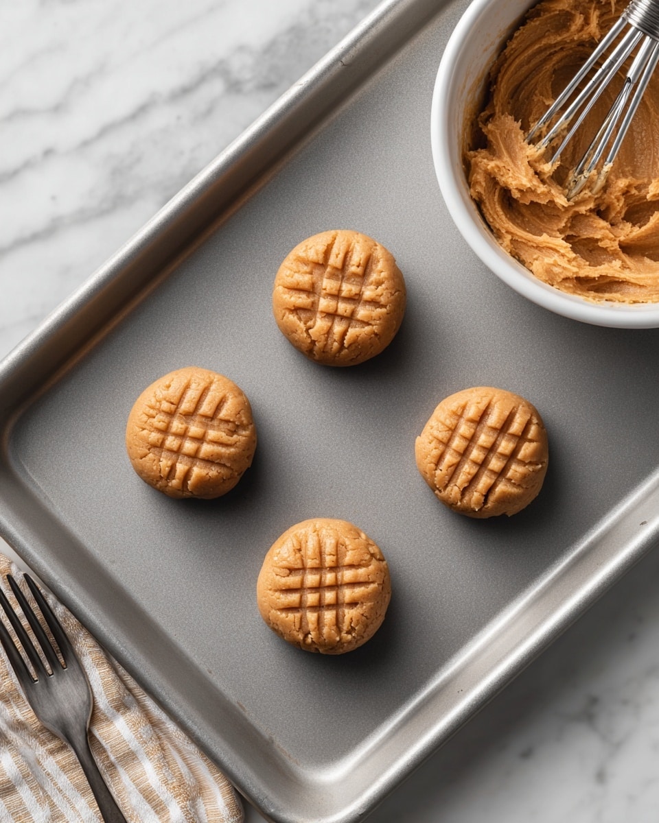Four small, round peanut butter cookie dough balls are placed evenly on a gray baking sheet. Each dough ball has a crisscross pattern pressed into the top, showing a textured surface. To the right, there is a white bowl filled with peanut butter cookie dough, and two metal beaters rest inside the bowl. In the bottom left corner, a silver fork is placed near the baking sheet. The setting is on a white marbled surface. Photo taken with an iphone --ar 4:5 --v 7