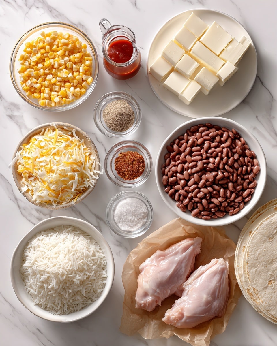 The image shows a top view of cooking ingredients neatly arranged on a white marbled surface. In the center is a white bowl filled with shiny brown beans. To the right, there is a white bowl with two raw chicken pieces on brown paper. Above it is a small white plate holding cream-colored cream cheese squares. Near the top, there is a small clear glass pitcher with a red sauce inside. To the left of the beans, two measuring cups sit side by side: one filled with yellow corn kernels and the other with shredded yellow and white cheese. Below the corn is a white bowl filled with fluffy cooked white rice. Around these main items are four small glass jars labeled garlic powder, smoked paprika, chili powder, and a small white bowl of salt. A stack of white tortillas rests near the top right corner. The surface and background are white marble. The photo taken with an iphone --ar 4:5 --v 7
