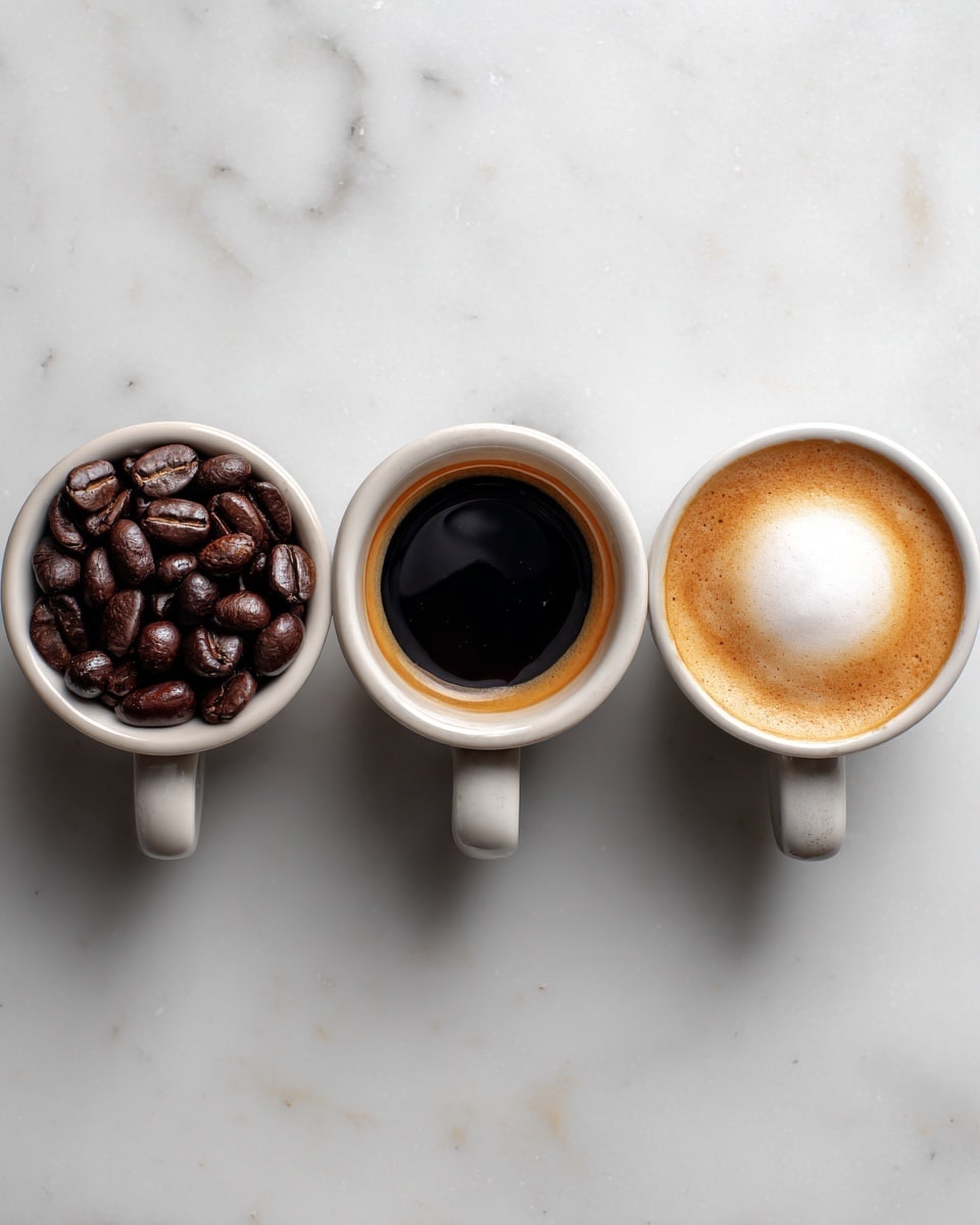 Three small white ceramic cups are lined up side by side on a white marbled surface. The left cup is filled with dark brown whole coffee beans, showing a rough and shiny texture. The middle cup holds a smooth, dark liquid espresso with a rich, glossy surface. The right cup contains a creamy light brown coffee with fluffy white foam art on top, creating a soft and airy texture. photo taken with an iphone --ar 4:5 --v 7