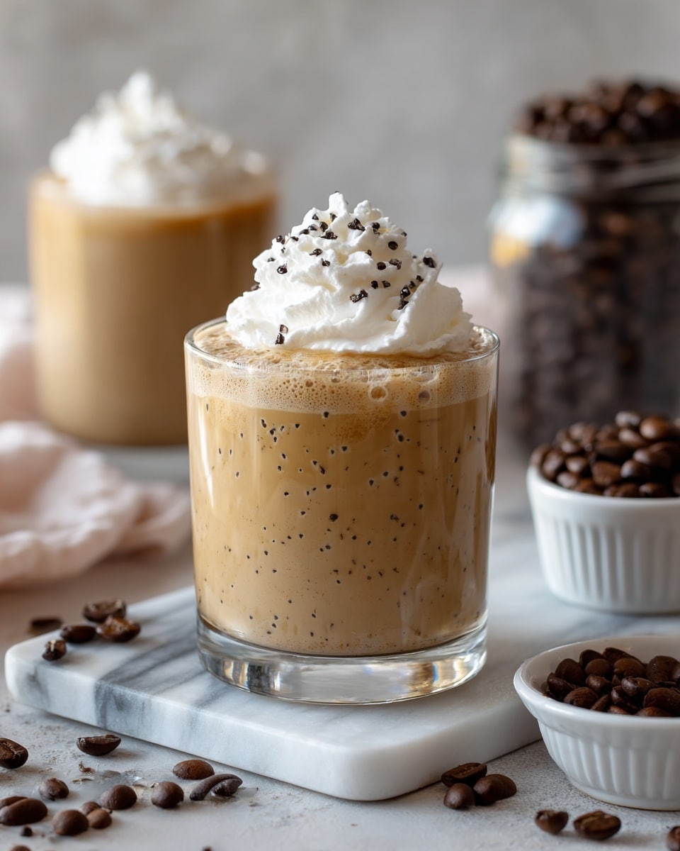 A clear glass filled with a smooth, light brown coffee drink, topped with a dollop of white whipped cream sprinkled with fine black coffee grounds. In the background, another similar glass with the same drink and cream is partially visible. Scattered around the glasses on the white marbled surface are whole dark brown coffee beans and small coffee grounds. To the right, a transparent jar with dark roasted coffee beans and a white lid with a silver clasp stands against the white background. photo taken with an iphone --ar 4:5 --v 7