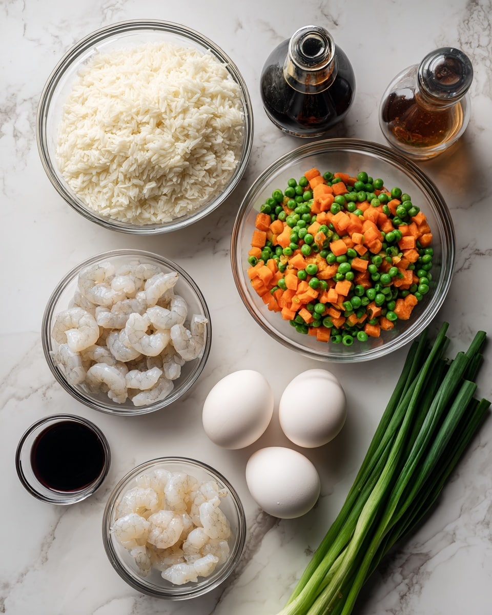 The image shows a white marbled surface with six clear glass bowls arranged neatly. The top left bowl contains fluffy white cooked rice, and next to it on the right is a bowl filled with mixed diced carrots and green peas. Below the rice, there are three raw eggs placed directly on the surface. To the left of the eggs, there is a bowl of raw peeled shrimp, showing a light grey color with a slightly shiny texture. On the right side of the shrimp and eggs, there are two bottles standing upright; one is a bottle of dark soy sauce and the other is sesame oil. Below the bottles, there is a small glass container with dark liquid inside. On the right edge of the image, a bunch of fresh green onions lies flat on the white marbled surface. photo taken with an iphone --ar 4:5 --v 7