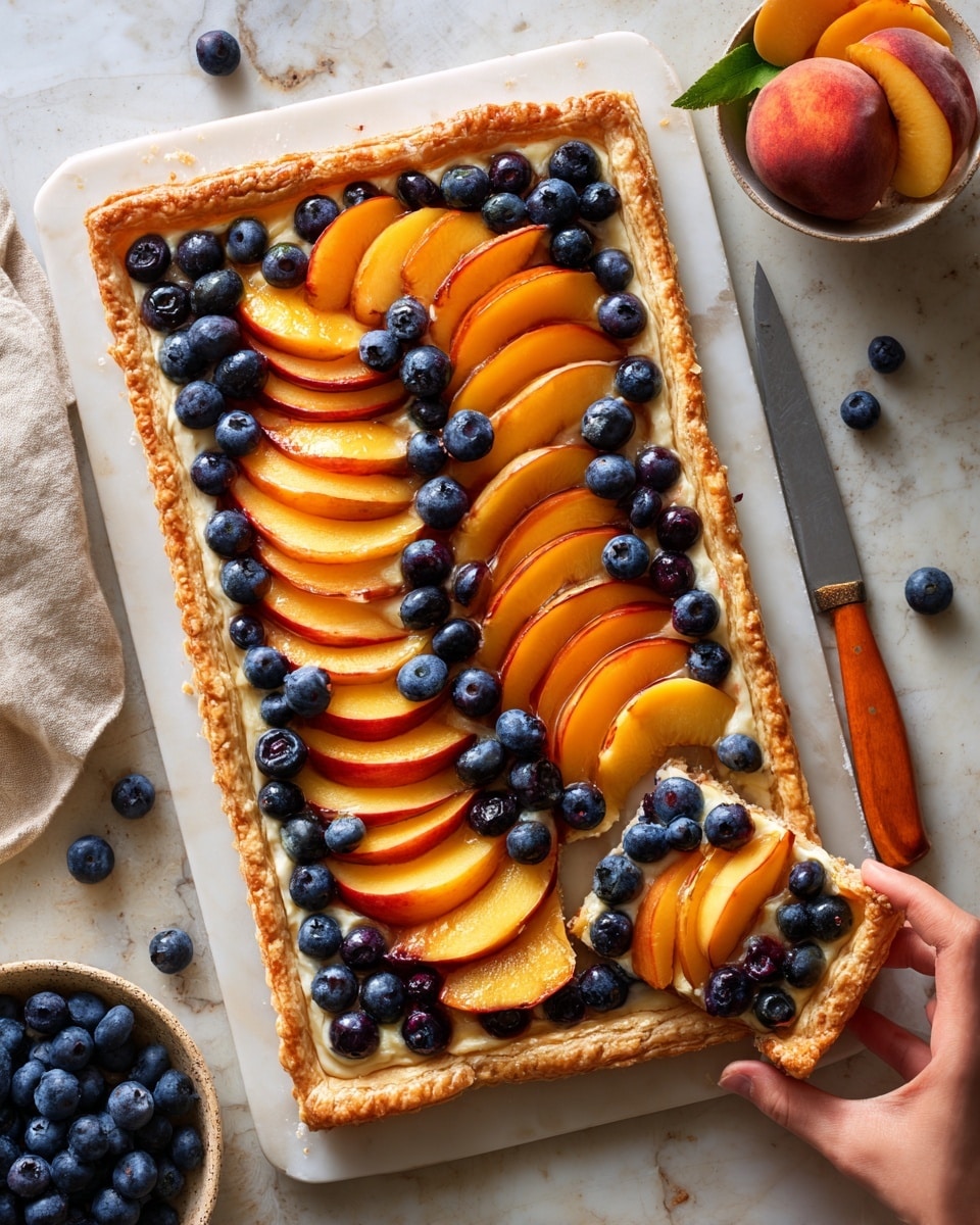 A rectangular puff pastry tart placed on a white marbled surface, topped with alternating rows of thin peach slices and fresh blueberries, creating a colorful pattern of orange and deep blue. The edges of the pastry are golden brown and flaky, slightly raised to hold the fruit fillings. On the upper left corner, a square piece has been cut and lifted by a woman's hand, showing the inside with a layer of creamy filling under the fruit. A knife with an orange wooden handle lies to the right of the tart, and a small bowl filled with peach slices and scattered blueberries are nearby. photo taken with an iphone --ar 4:5 --v 7