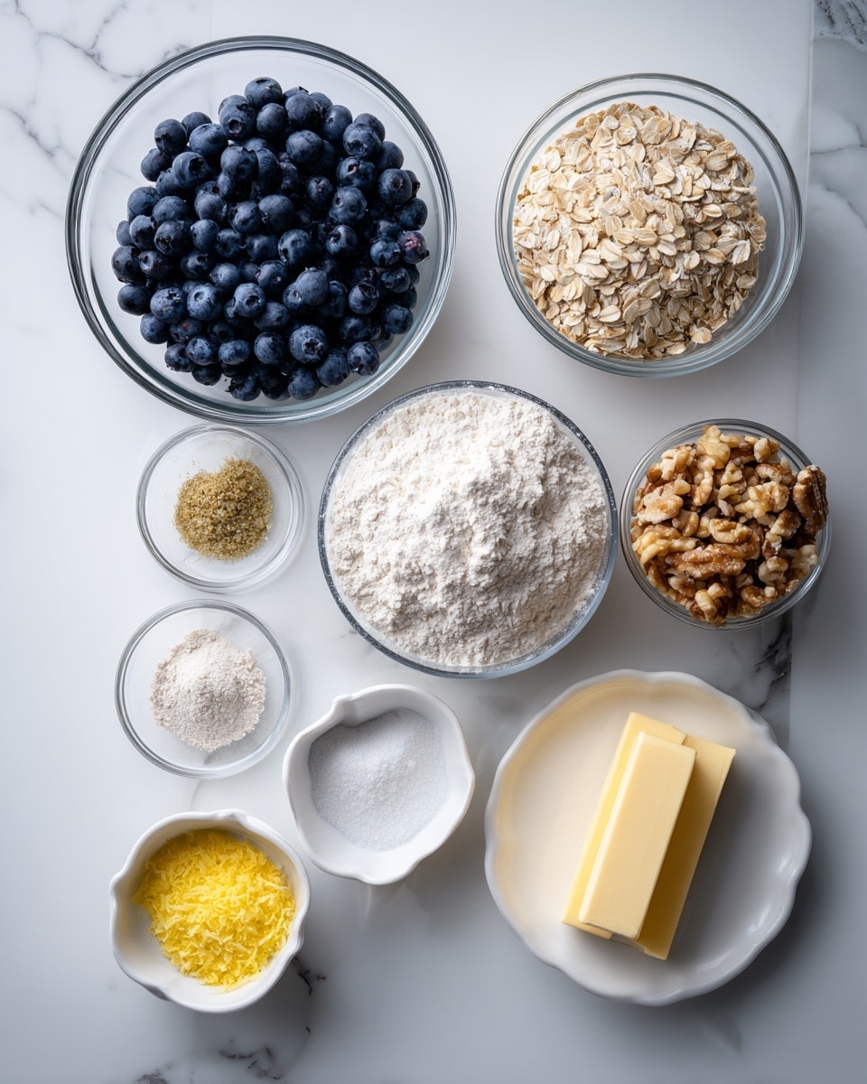 The image shows a white marbled surface with several clear bowls and containers holding ingredients arranged neatly. One large clear bowl is filled with dark purple blueberries at the top left. Next to it on the right is a smaller clear bowl filled with light brown oats. Below the blueberries is a medium clear bowl with white flour. To the right of the flour is a smaller bowl with light brown chopped nuts. Below these bowls are smaller containers and plates: one has white sugar, another has yellow lemon zest, one has a mix of white powder spices, and the last has two sticks of pale yellow butter on a white plate. Everything is laid out clearly and orderly. Photo taken with an iphone --ar 4:5 --v 7