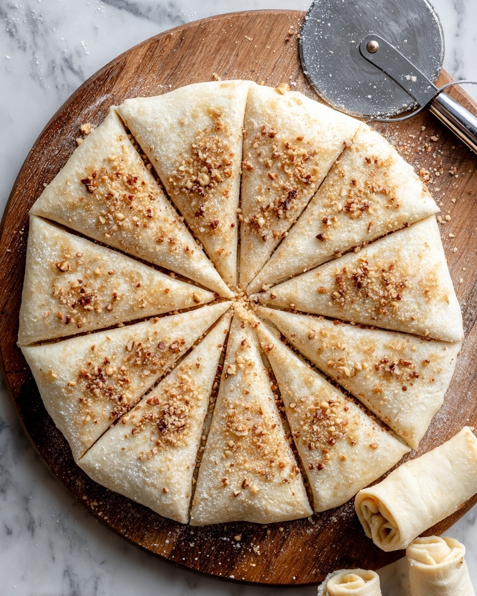 A large round dough is rolled out on a wooden board with a thin, pale cream color. It is cut into several triangular slices radiating from the center like a pizza. The dough surface is sprinkled evenly with a light layer of crushed nuts which are golden-brown with fine brown bits, mixed with a dusting of white sugar powder. Two small rolled dough pieces are placed at the bottom right of the board, showing the start of shaping into croissant-like forms. A metal pizza cutter is seen on the right side of the board, all placed on a white marbled surface. Photo taken with an iphone --ar 4:5 --v 7