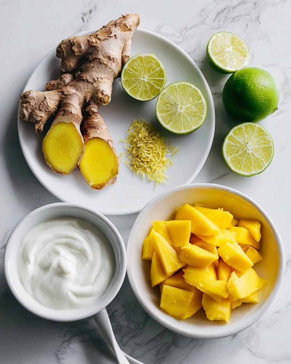 A white plate on a white marbled surface holds two bright yellow ginger slices and a piece of whole ginger root with rough brown skin on the left side, with a whole green lime and two small piles of lime zest near them. To the right, three lime wedges, one whole and halved, show a fresh, juicy green inside. Below the plate, a white bowl is filled with many chunky yellow mango pieces, showing their smooth texture and vibrant color. At the bottom left, a white bowl with smooth white yogurt and a white spoon is partially visible, all set on the white marbled surface. photo taken with an iphone --ar 4:5 --v 7