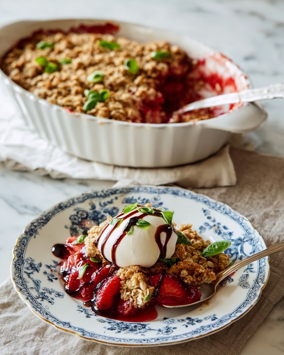 A white oval baking dish holds a layered fruit crumble with a thick, golden oat topping sprinkled with fresh green basil strips. The underneath layer shows bright red juicy fruit filling visible on the sides where some crumble is missing. In front, a white plate with blue floral patterns contains a serving of the same fruit crumble topped with a white cream dollop, drizzled with dark balsamic glaze and garnished with more fresh green basil pieces. The plate and dish are placed on a beige cloth on a white marbled surface. Photo taken with an iphone --ar 4:5 --v 7