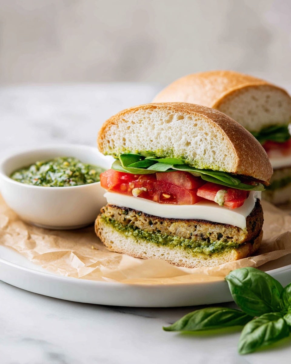 The image shows a sandwich cut in half placed on brown paper inside a white plate. The sandwich has five layers: the top layer is a soft golden-brown bun, below it are slices of red tomato with a fresh and shiny texture, followed by a couple of green basil leaves that look fresh and crisp. Under the basil, there is a smooth white layer of mozzarella cheese, then a thick, light brown patty with a coarse texture. The bottom layer is a layer of green pesto spread on the bottom half of the golden-brown bun. Next to the sandwich, there is a small white bowl filled with chunky green pesto, and a few fresh basil leaves lie near the plate on a white marbled surface. photo taken with an iphone --ar 4:5 --v 7