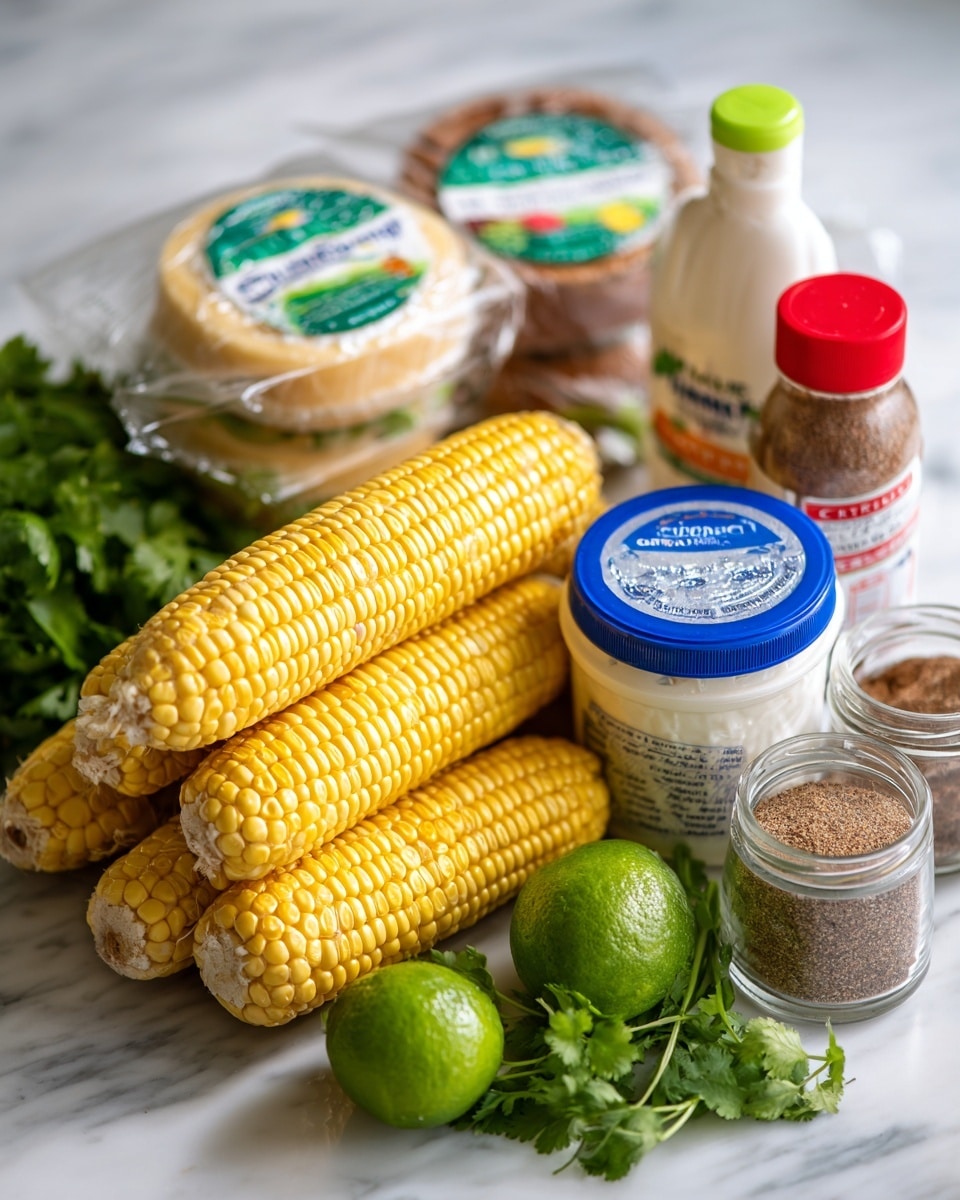 The image shows six ears of yellow corn stacked on a white marbled surface with two green limes and a bunch of fresh green cilantro beside them. There is a white jar of mayonnaise with a blue lid in the center foreground. Behind the jar, there are two round packages of cheese wrapped in clear plastic with green and red labels. To the right, there is a white bottle with a red cap and label, along with two small clear containers of spices, one with a dark brown powder and the other with a lighter brown powder. Photo taken with an iphone --ar 4:5 --v 7