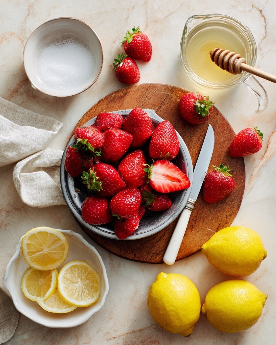 The image shows a top view of a white marbled surface with a round wooden board holding a metal bowl full of bright red strawberries and several strawberries placed on the board, some whole and some sliced in half, next to a knife with a white handle. Nearby, there is a clear glass measuring cup with a wooden honey dipper inside and a glass jar filled with a light yellow liquid. To the left, a small white bowl filled with white granulated sugar is visible. At the bottom right, a white bowl holds whole and halved vibrant yellow lemons. Photo taken with an iphone --ar 4:5 --v 7