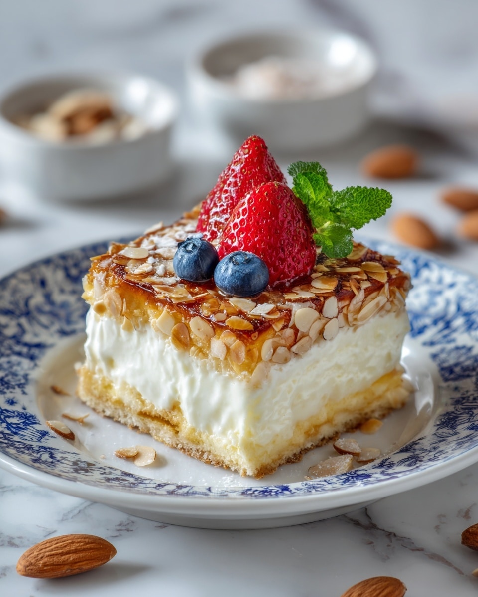 A square dessert with two thick layers; the top and bottom layers are golden brown with a crunchy texture made of sliced almonds and oats, looking shiny and caramelized. Between these layers, there is a thick middle layer of smooth white cream, slightly visible around the edges. On top of the dessert, three fresh berries (two red strawberries and two small blue blueberries) and a small sprig of green mint leaves add a touch of fresh color. The dessert sits on a white plate with a blue patterned rim, and the background is a white marbled surface with scattered almond slices and two small white bowls in the background. Photo taken with an iphone --ar 4:5 --v 7