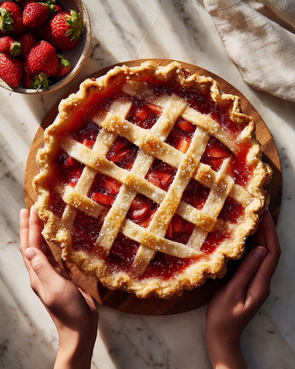 This image shows a strawberry pie in a clear glass pie dish on a white marbled surface. The pie has a golden-brown crust with sugar crystals on top and a lattice pattern made of thick pastry strips that reveal the red and juicy strawberry filling below. One slice has been removed, showing the thick, glossy, and rich strawberry layer inside. The crust edges are thick and crimped, giving a rustic look. In the top right corner, there is a wooden bowl filled with fresh strawberries, and a pink cloth is partially visible near the pie dish. Photo taken with an iphone --ar 4:5 --v 7